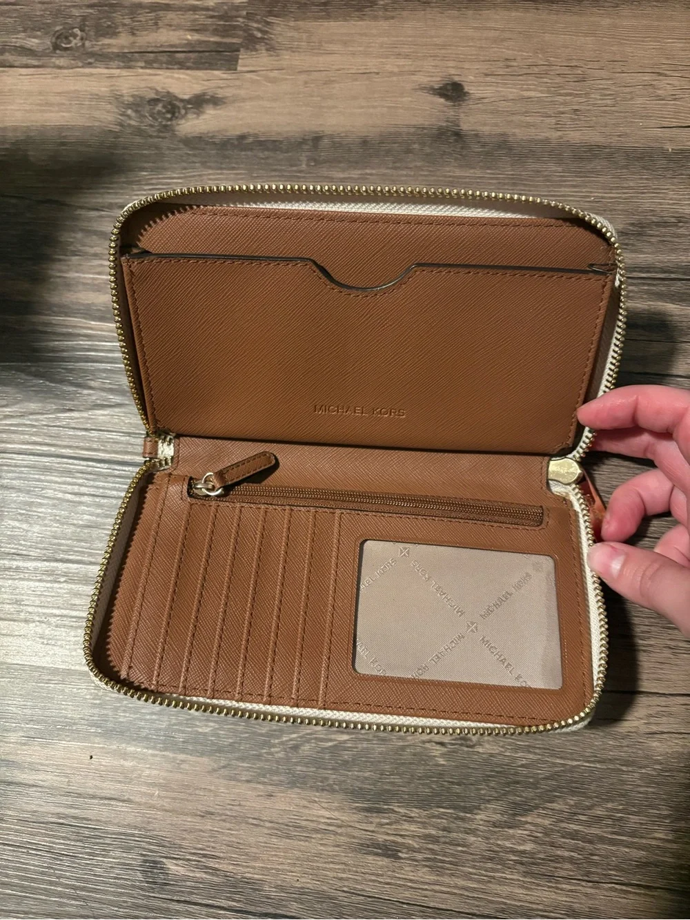 Michael Kors Cream Logo Zip Wallet with Gold Studs